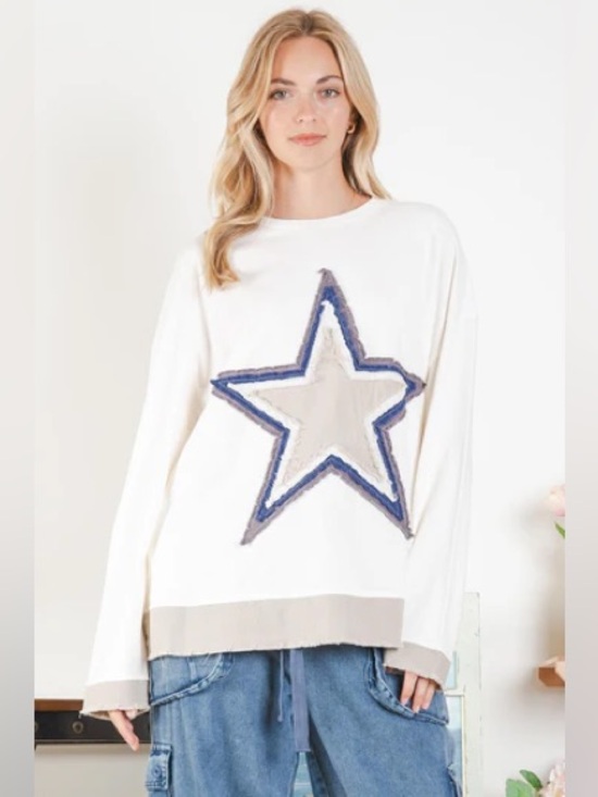 Blue Velvet Tops - Blue Velvet Distressed Star Patch Long Sleeve Tee, Natural, Size L/XL